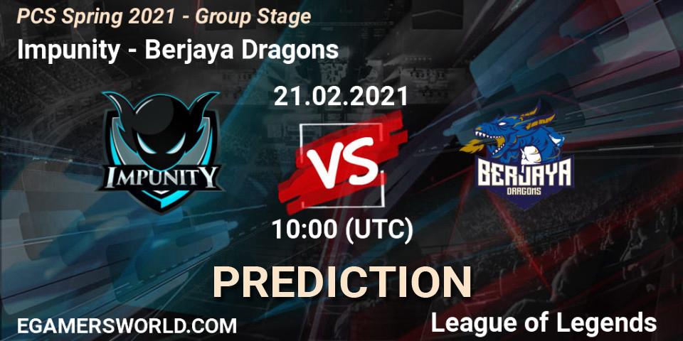Pronósticos Impunity - Berjaya Dragons. 21.02.2021 at 10:00. PCS Spring 2021 - Group Stage - LoL