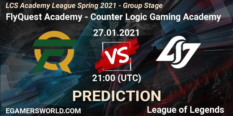 Pronósticos FlyQuest Academy - Counter Logic Gaming Academy. 27.01.2021 at 21:00. LCS Academy League Spring 2021 - Group Stage - LoL