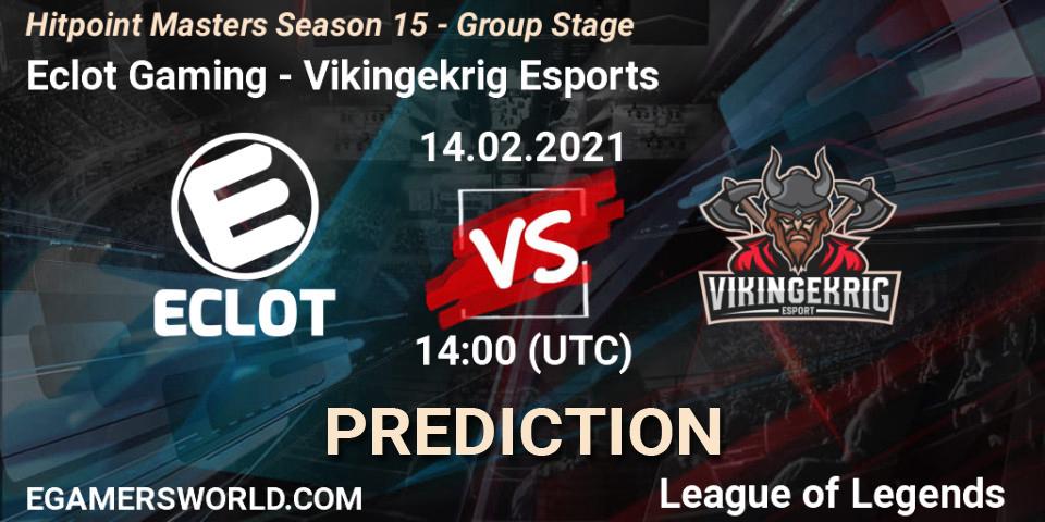 Pronósticos Eclot Gaming - Vikingekrig Esports. 14.02.2021 at 14:00. Hitpoint Masters Season 15 - Group Stage - LoL