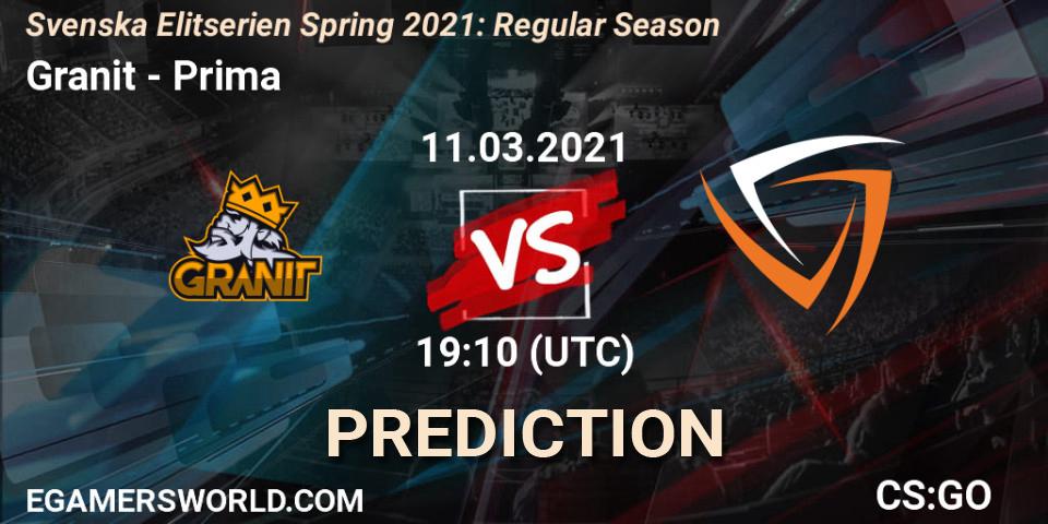 Pronósticos Granit - Prima. 11.03.2021 at 19:10. Svenska Elitserien Spring 2021: Regular Season - Counter-Strike (CS2)