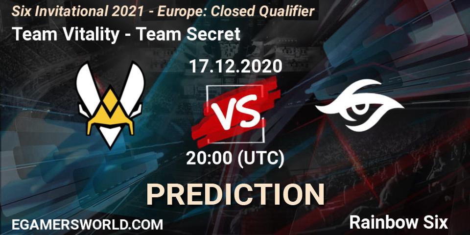 Pronósticos Team Vitality - Team Secret. 17.12.2020 at 20:00. Six Invitational 2021 - Europe: Closed Qualifier - Rainbow Six