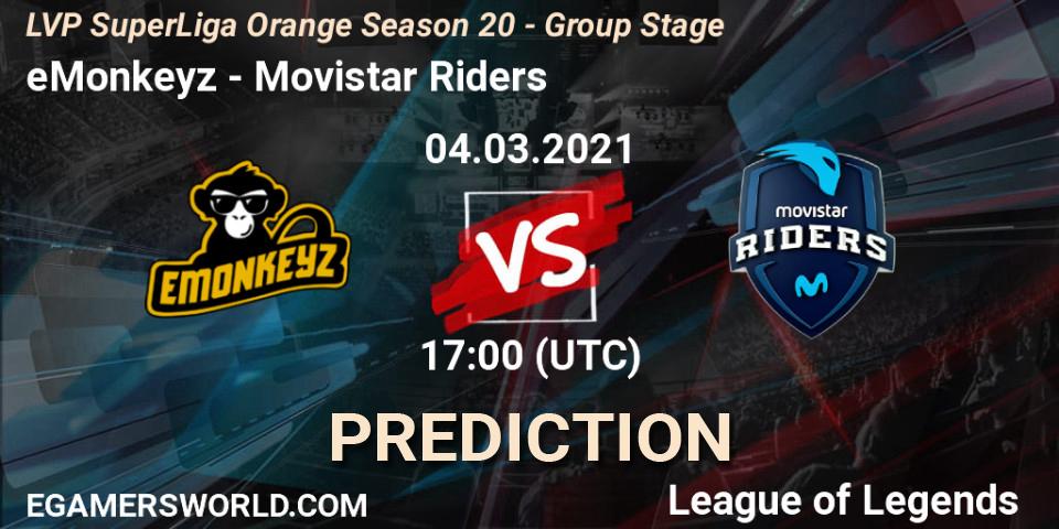 Pronósticos eMonkeyz - Movistar Riders. 04.03.2021 at 17:00. LVP SuperLiga Orange Season 20 - Group Stage - LoL