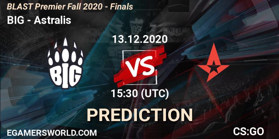 Pronósticos BIG - Astralis. 13.12.2020 at 15:30. BLAST Premier Fall 2020 - Finals - Counter-Strike (CS2)