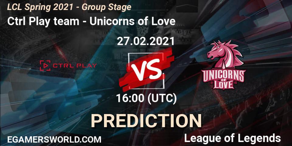 Pronósticos Ctrl Play team - Unicorns of Love. 27.02.2021 at 16:30. LCL Spring 2021 - Group Stage - LoL