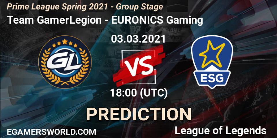 Pronósticos Team GamerLegion - EURONICS Gaming. 03.03.2021 at 18:00. Prime League Spring 2021 - Group Stage - LoL