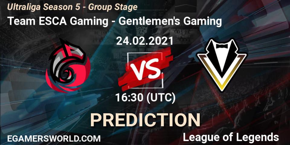 Pronósticos Team ESCA Gaming - Gentlemen's Gaming. 24.02.2021 at 16:30. Ultraliga Season 5 - Group Stage - LoL