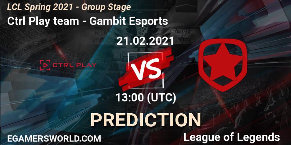 Pronósticos Ctrl Play team - Gambit Esports. 21.02.2021 at 13:00. LCL Spring 2021 - Group Stage - LoL