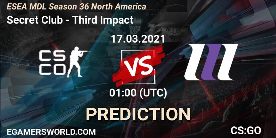 Pronósticos Secret Club - Third Impact. 17.03.2021 at 01:00. MDL ESEA Season 36: North America - Premier Division - Counter-Strike (CS2)