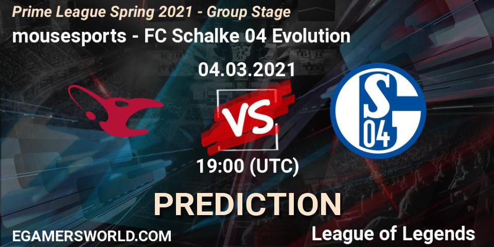 Pronósticos mousesports - FC Schalke 04 Evolution. 04.03.2021 at 18:45. Prime League Spring 2021 - Group Stage - LoL