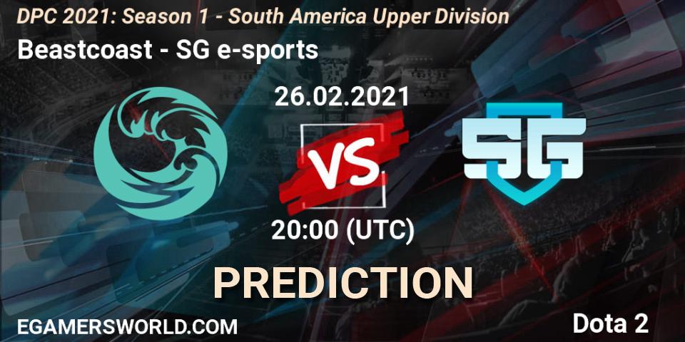 Pronósticos Beastcoast - SG e-sports. 26.02.2021 at 20:02. DPC 2021: Season 1 - South America Upper Division - Dota 2