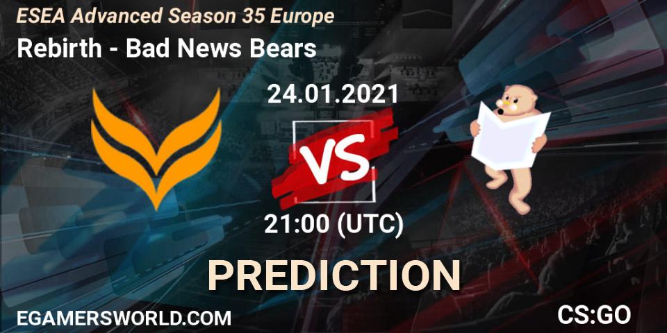 Pronósticos Rebirth - Bad News Bears. 24.01.2021 at 21:00. ESEA Cash Cup - North America: Winter 2020 #3 - Counter-Strike (CS2)