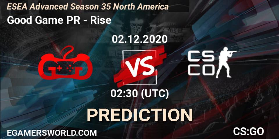 Pronósticos Good Game PR - Rise. 02.12.2020 at 02:10. ESEA Advanced Season 35 North America - Counter-Strike (CS2)