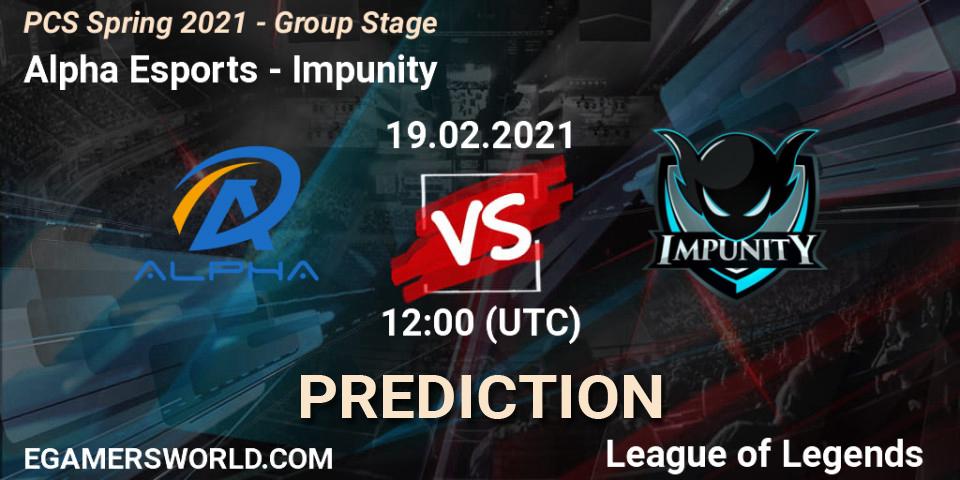 Pronósticos Alpha Esports - Impunity. 19.02.2021 at 12:40. PCS Spring 2021 - Group Stage - LoL