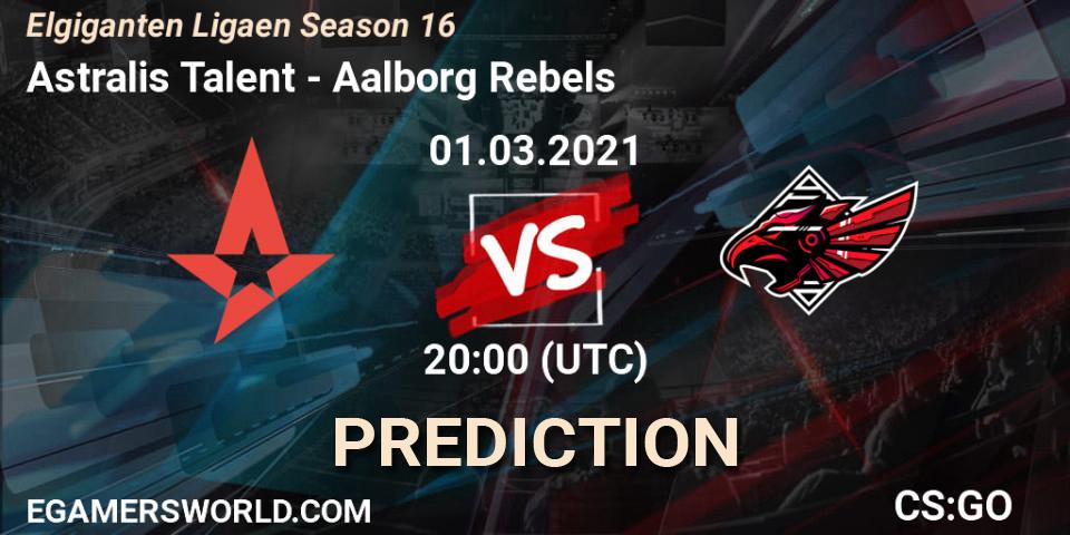 Pronósticos Astralis Talent - Aalborg Rebels. 01.03.2021 at 20:00. Elgiganten Ligaen Season 16 - Counter-Strike (CS2)