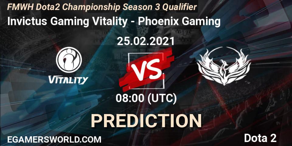 Pronósticos Invictus Gaming Vitality - Phoenix Gaming. 25.02.2021 at 08:06. FMWH Dota2 Championship Season 3 Qualifier - Dota 2