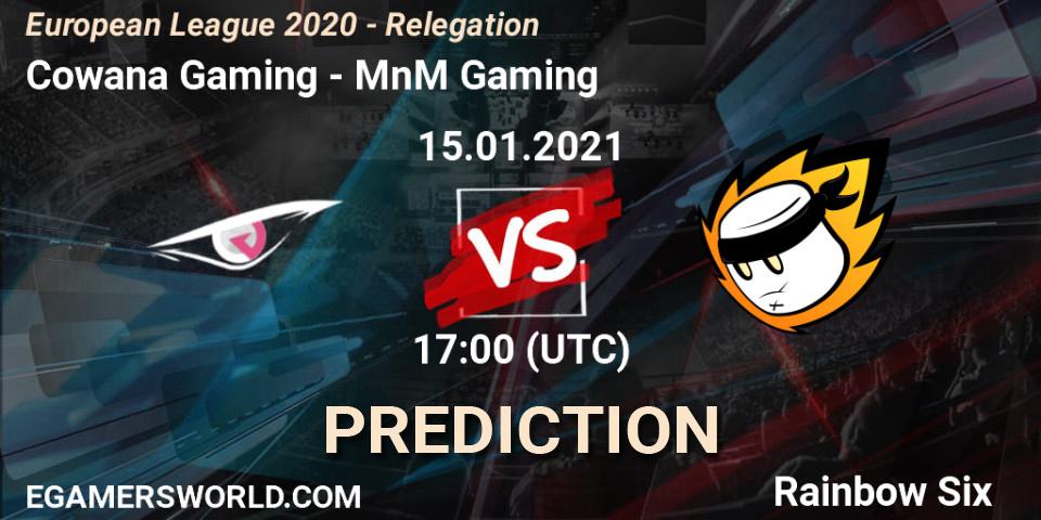 Pronósticos Cowana Gaming - MnM Gaming. 15.01.2021 at 17:00. European League 2020 - Relegation - Rainbow Six