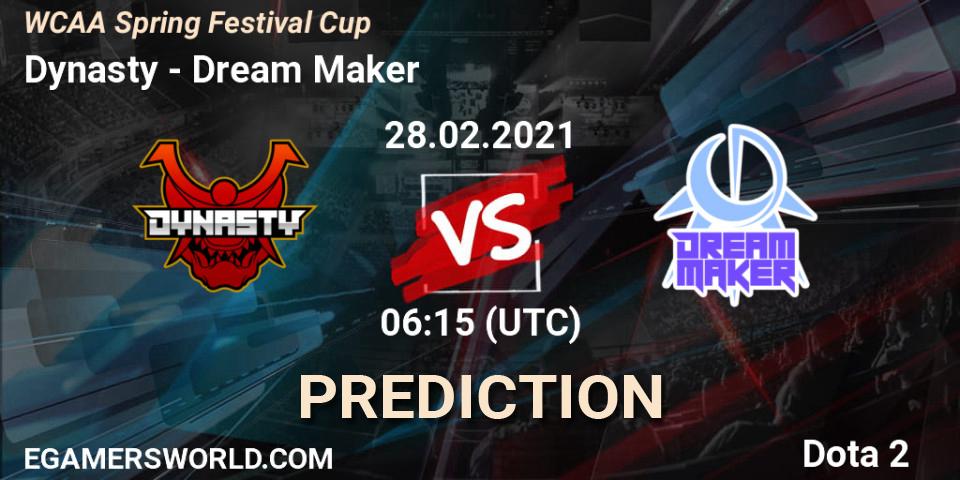 Pronósticos Dynasty - Dream Maker. 28.02.2021 at 06:30. WCAA Spring Festival Cup - Dota 2