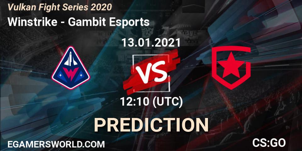 Pronósticos Winstrike - Gambit Esports. 13.01.2021 at 12:10. Vulkan Fight Series 2020 - Counter-Strike (CS2)