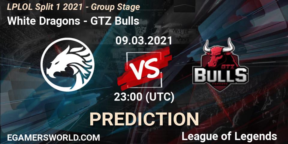 Pronósticos White Dragons - GTZ Bulls. 09.03.2021 at 23:00. LPLOL Split 1 2021 - Group Stage - LoL
