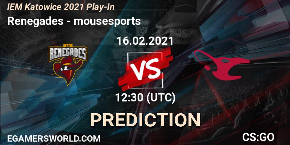 Pronósticos Renegades - mousesports. 16.02.21. IEM Katowice 2021 Play-In - CS2 (CS:GO)