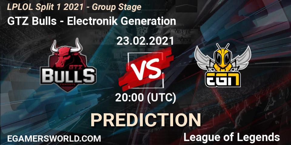 Pronósticos GTZ Bulls - Electronik Generation. 23.02.2021 at 20:00. LPLOL Split 1 2021 - Group Stage - LoL