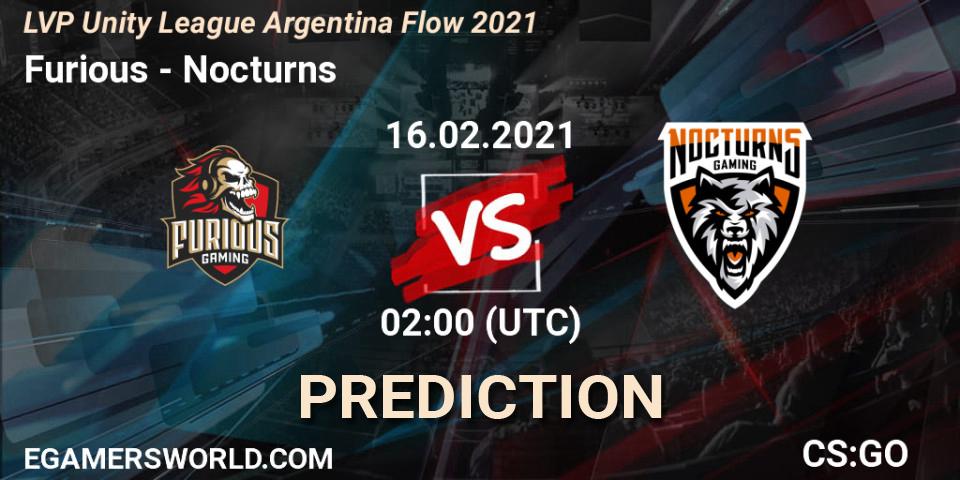 Pronósticos Furious - Nocturns. 16.02.2021 at 02:00. LVP Unity League Argentina Apertura 2021 - Counter-Strike (CS2)