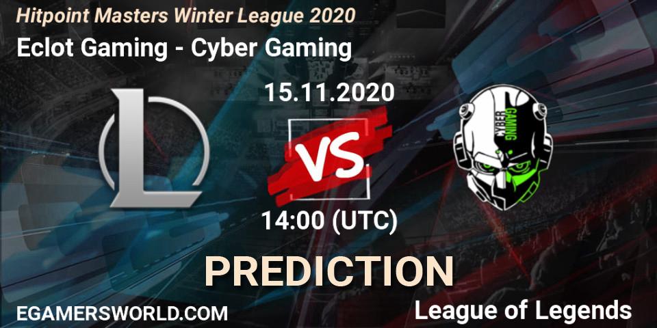 Pronósticos Eclot Gaming - Cyber Gaming. 15.11.2020 at 14:00. Hitpoint Masters Winter League 2020 - LoL