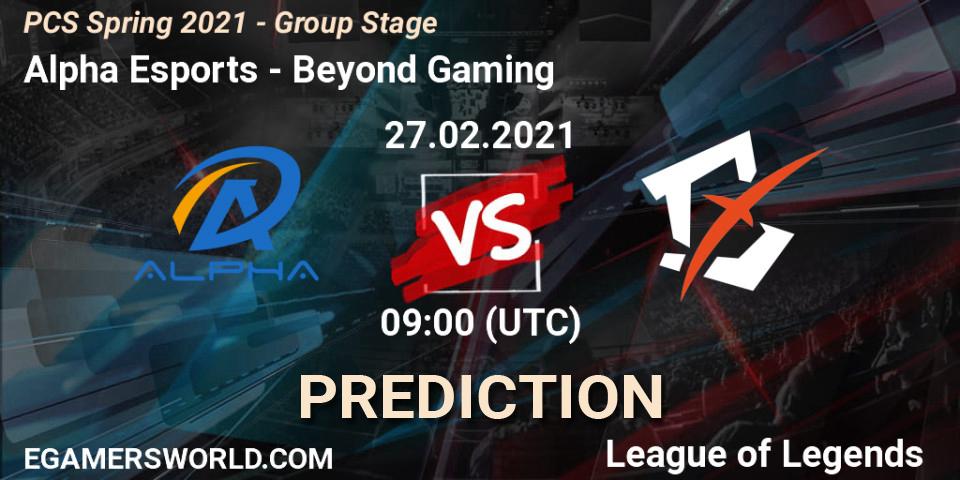 Pronósticos Alpha Esports - Beyond Gaming. 27.02.2021 at 09:30. PCS Spring 2021 - Group Stage - LoL