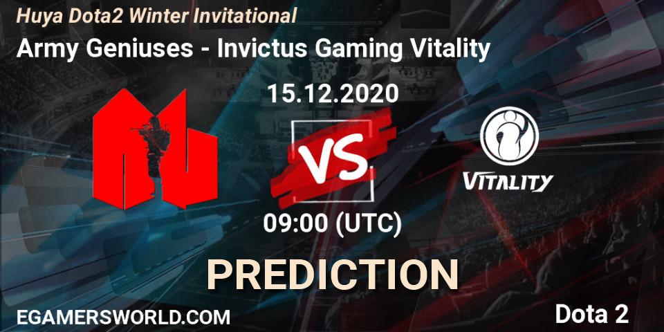 Pronósticos Army Geniuses - Invictus Gaming Vitality. 15.12.2020 at 09:11. Huya Dota2 Winter Invitational - Dota 2