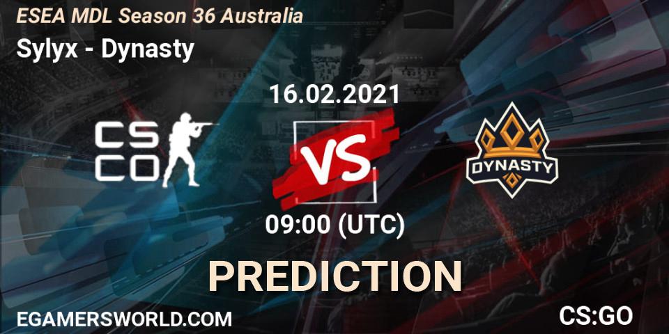 Pronósticos Sylyx - Dynasty. 16.02.2021 at 09:00. MDL ESEA Season 36: Australia - Premier Division - Counter-Strike (CS2)
