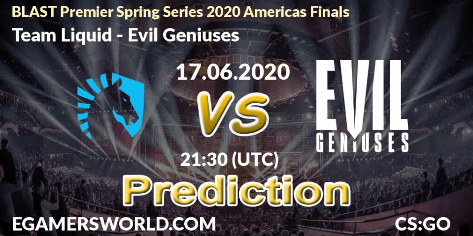 Pronósticos Team Liquid - Evil Geniuses. 17.06.2020 at 21:30. BLAST Premier Spring Series 2020 Americas Finals - Counter-Strike (CS2)