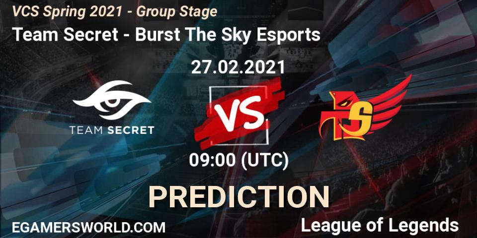 Pronósticos Team Secret - Burst The Sky Esports. 27.02.2021 at 10:00. VCS Spring 2021 - Group Stage - LoL