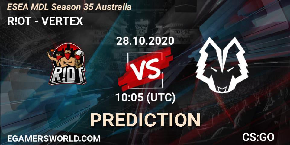 Pronósticos R!OT - VERTEX. 28.10.2020 at 10:05. ESEA MDL Season 35 Australia - Counter-Strike (CS2)