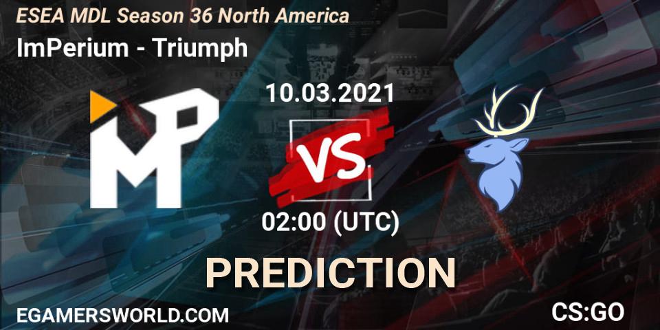 Pronósticos ImPerium - Triumph. 14.03.2021 at 23:00. MDL ESEA Season 36: North America - Premier Division - Counter-Strike (CS2)