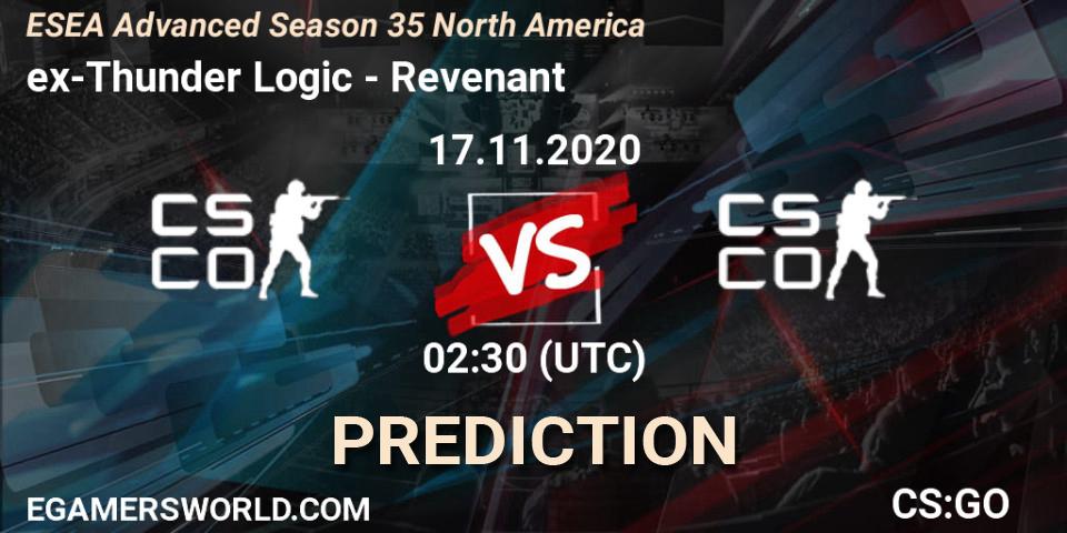 Pronósticos ex-Thunder Logic - Revenant. 18.11.2020 at 02:30. ESEA Advanced Season 35 North America - Counter-Strike (CS2)