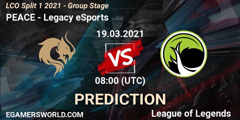 Pronósticos PEACE - Legacy eSports. 19.03.2021 at 08:00. LCO Split 1 2021 - Group Stage - LoL