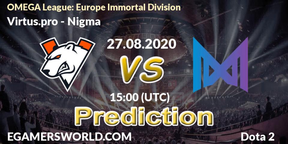 Pronósticos Virtus.pro - Nigma. 27.08.2020 at 14:10. OMEGA League: Europe Immortal Division - Dota 2