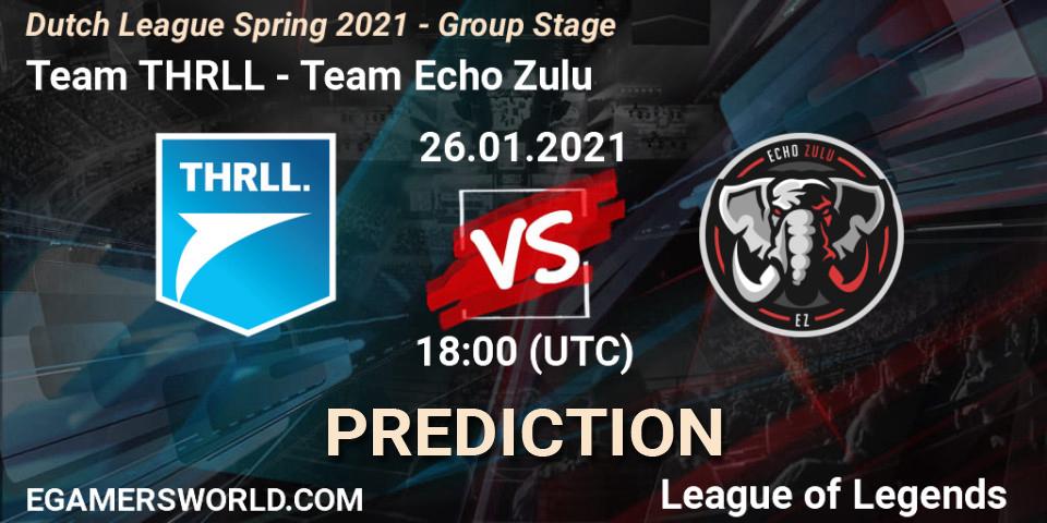 Pronósticos Team THRLL - Team Echo Zulu. 26.01.2021 at 18:00. Dutch League Spring 2021 - Group Stage - LoL