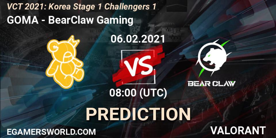 Pronósticos GOMA - BearClaw Gaming. 06.02.2021 at 12:00. VCT 2021: Korea Stage 1 Challengers 1 - VALORANT