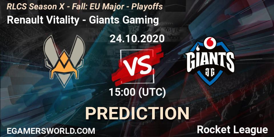 Pronósticos Renault Vitality - Giants Gaming. 24.10.2020 at 15:00. RLCS Season X - Fall: EU Major - Playoffs - Rocket League