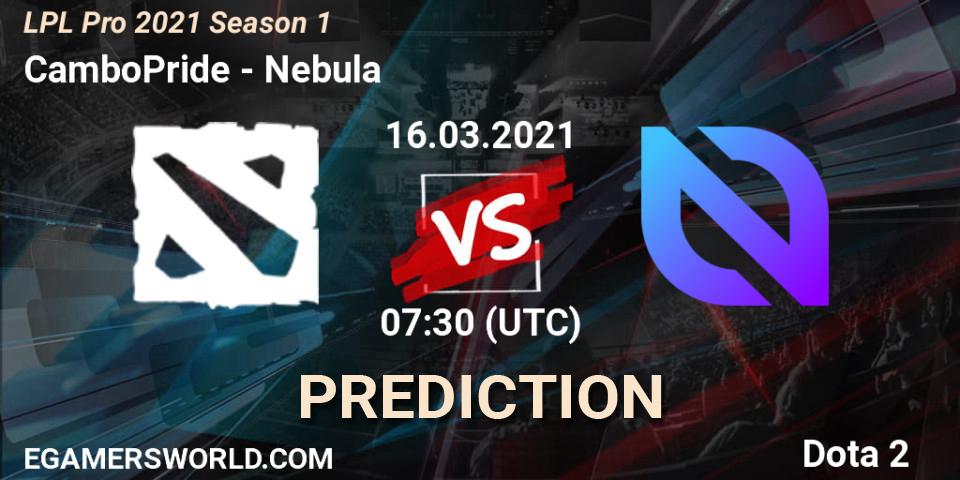 Pronósticos CamboPride - Nebula. 16.03.2021 at 07:34. LPL Pro 2021 Season 1 - Dota 2