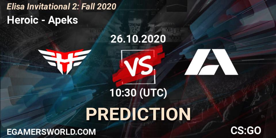 Pronósticos Heroic - Apeks. 26.10.2020 at 10:30. Elisa Invitational Fall 2020 - Counter-Strike (CS2)
