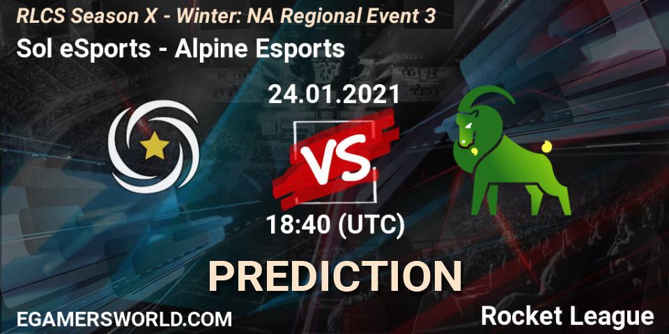 Pronósticos Sol eSports - Alpine Esports. 24.01.2021 at 18:40. RLCS Season X - Winter: NA Regional Event 3 - Rocket League