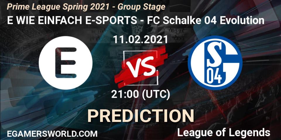 Pronósticos E WIE EINFACH E-SPORTS - FC Schalke 04 Evolution. 11.02.2021 at 22:00. Prime League Spring 2021 - Group Stage - LoL