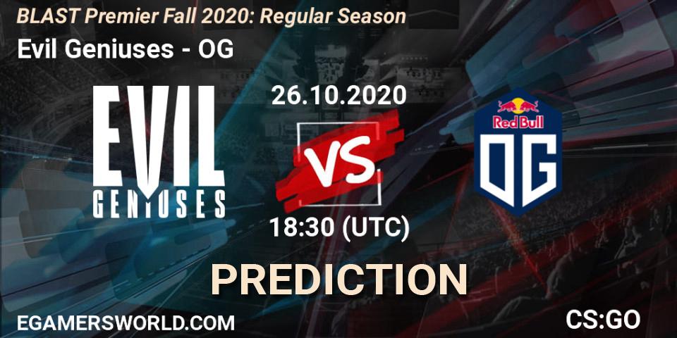 Pronósticos Evil Geniuses - OG. 26.10.2020 at 18:40. BLAST Premier Fall 2020: Regular Season - Counter-Strike (CS2)