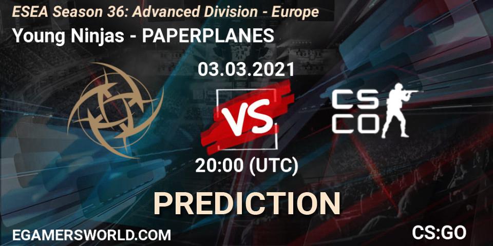 Pronósticos Young Ninjas - PAPERPLANES. 03.03.2021 at 20:30. ESEA Season 36: Europe - Advanced Division - Counter-Strike (CS2)