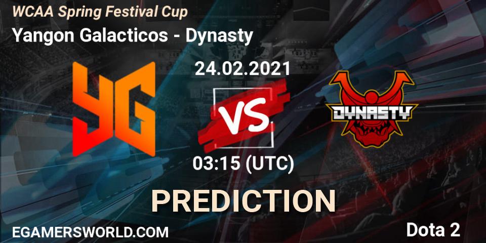 Pronósticos Yangon Galacticos - Dynasty. 24.02.2021 at 03:28. WCAA Spring Festival Cup - Dota 2