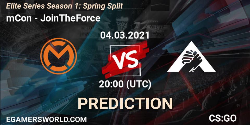 Pronósticos mCon - JoinTheForce. 04.03.2021 at 20:00. Elite Series Season 1: Spring Split - Counter-Strike (CS2)