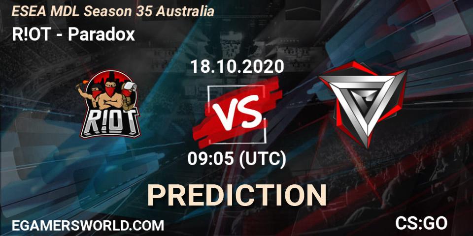 Pronósticos R!OT - Paradox. 26.10.2020 at 10:05. ESEA MDL Season 35 Australia - Counter-Strike (CS2)
