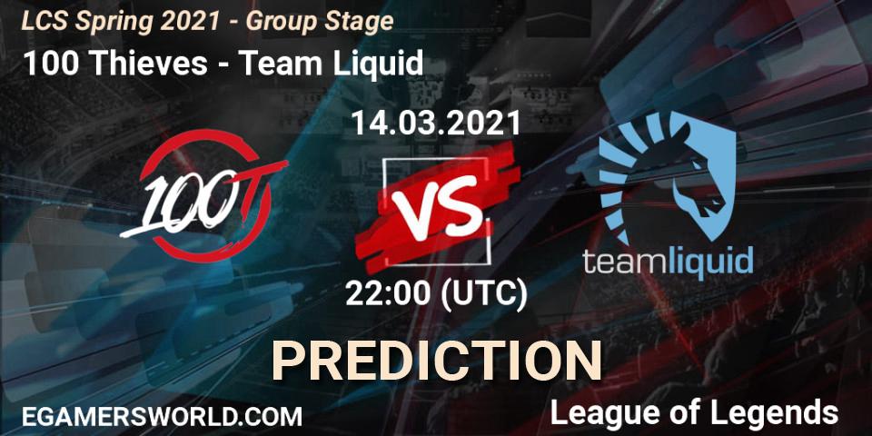 Pronósticos 100 Thieves - Team Liquid. 14.03.2021 at 22:00. LCS Spring 2021 - Group Stage - LoL